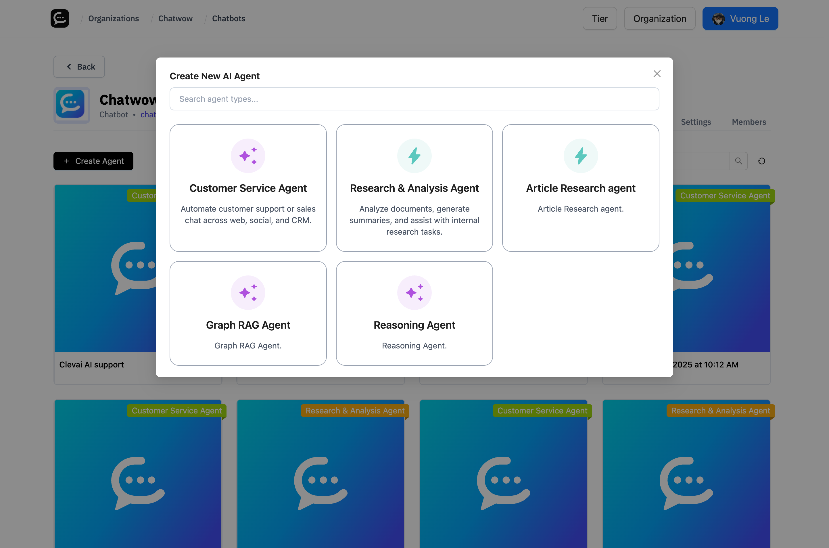 Agent Type Selection Modal - Choose between Customer Service, Research & Analysis, and other specialized agents