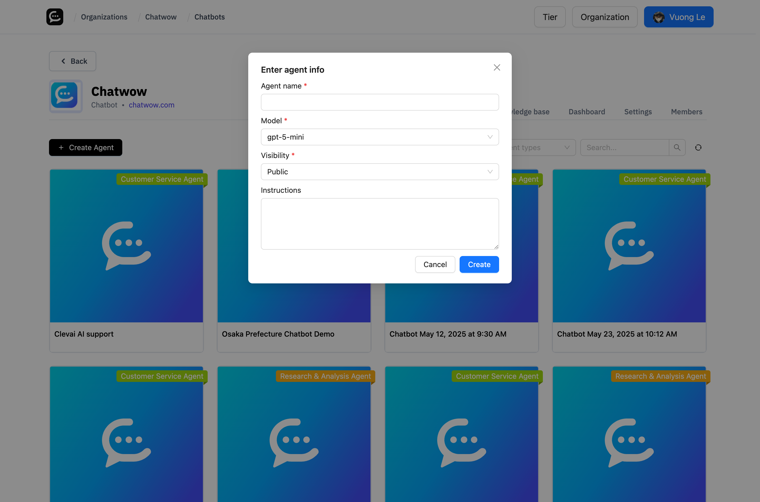 Agent Configuration Form - The Instructions field allows you to set comprehensive prompt instructions