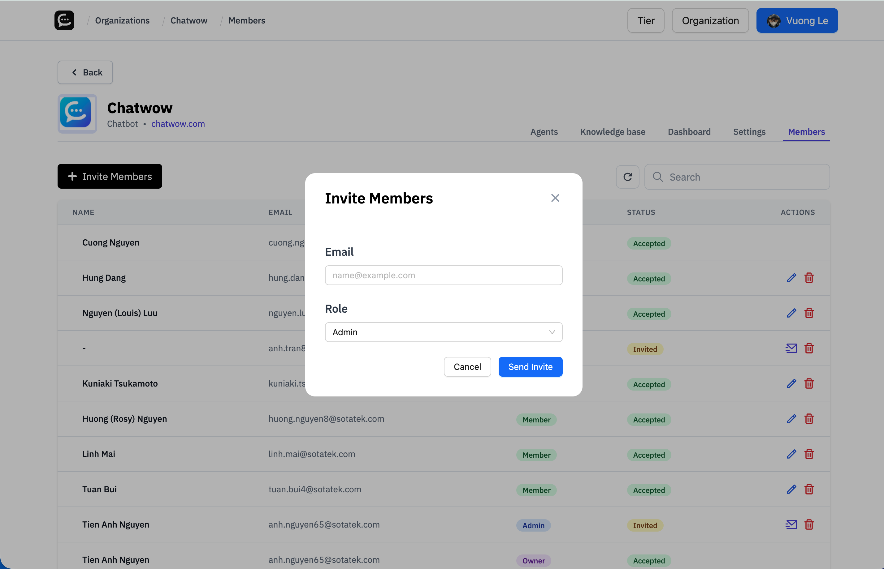 Invite Members dialog showing email and role selection