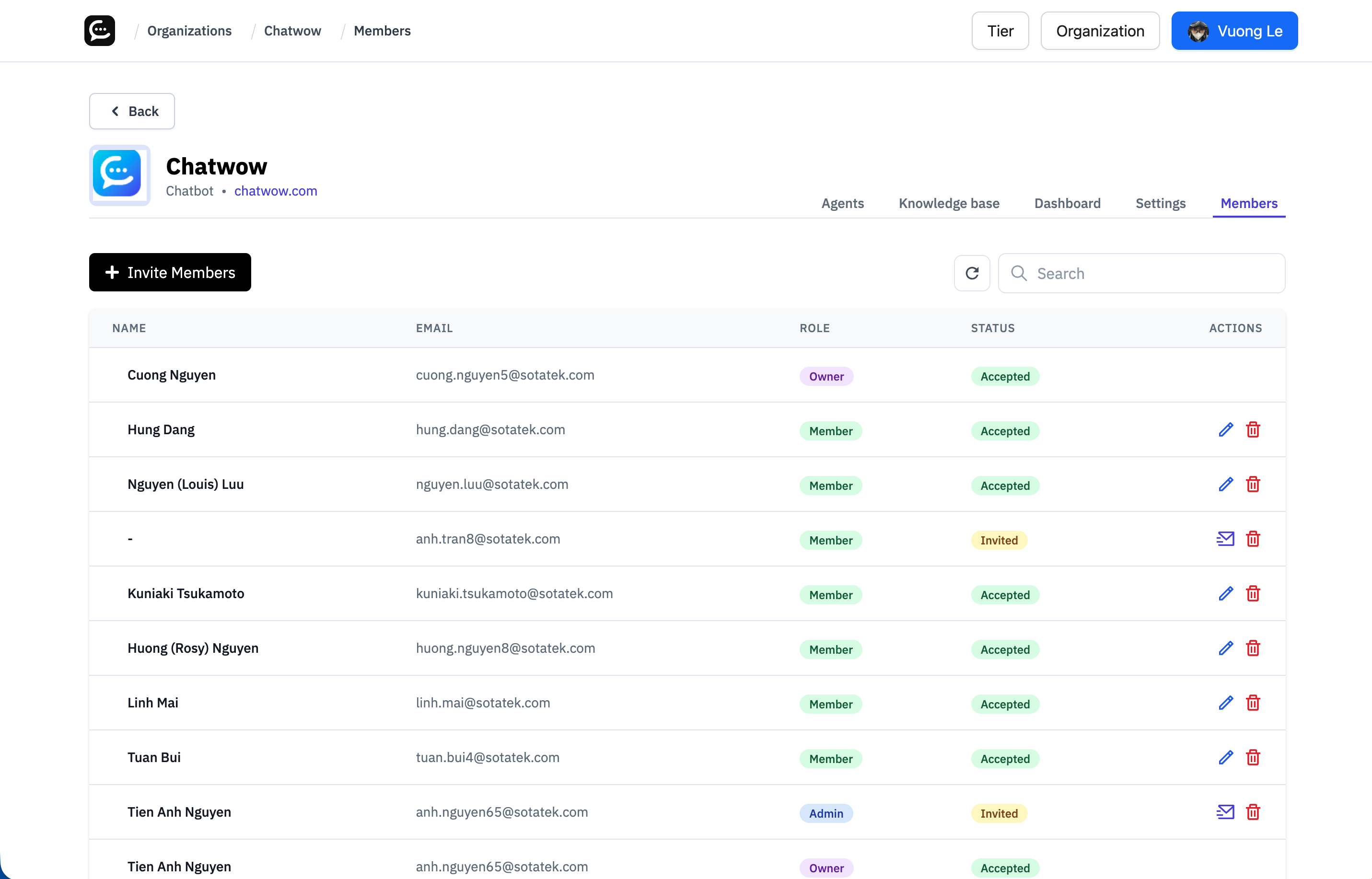 Members list with search results highlighted